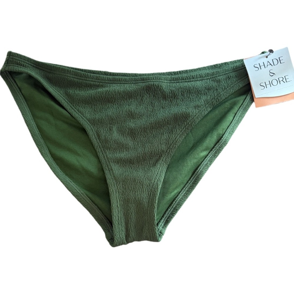 Shade & Shore Olive Green Textured Bikini Bottom M Low Rise High Leg Swim NWT